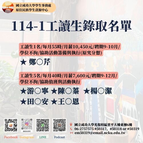 📢【錄取名單】114-1原資中心工讀生圖片